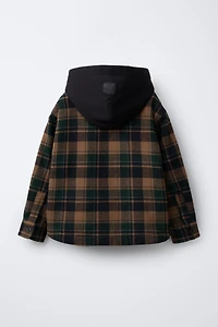 PLAID OVERSHIRT WITH REMOVABLE HOODIE AND FAUX SHEARLING
