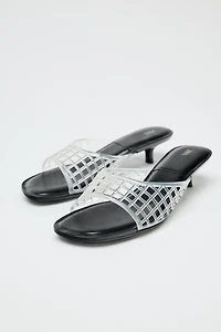 RUBBERIZED EFFECT KITTEN HEELED MULES