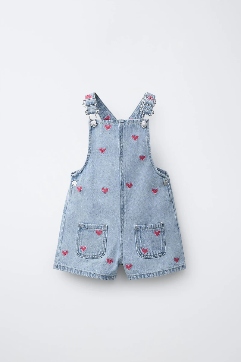 HEART EMBROIDERED DENIM OVERALLS