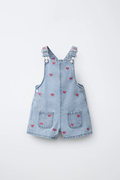 HEART EMBROIDERED DENIM OVERALLS