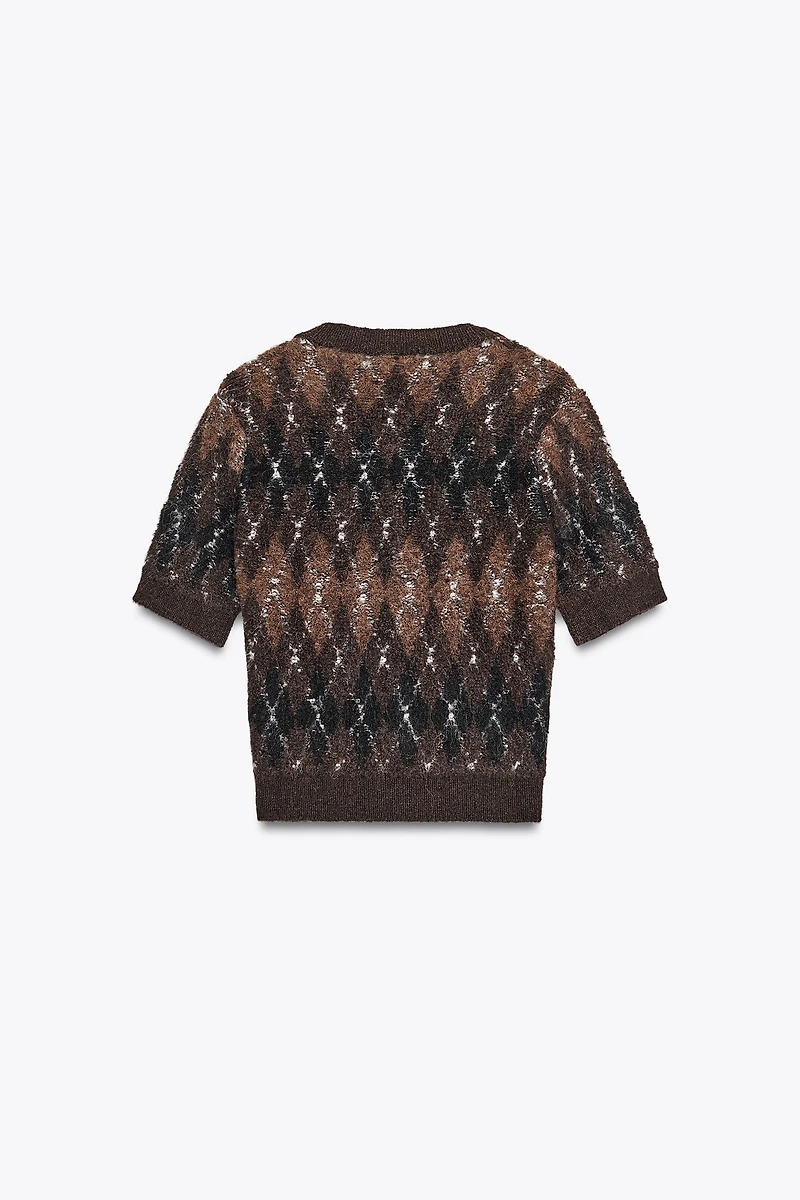 SHORT SLEEVE ARGYLE KNIT CARDIGAN