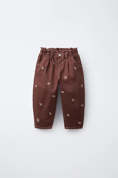 PANTALON BAGGY SERGÉ FLEURS BRODÉES