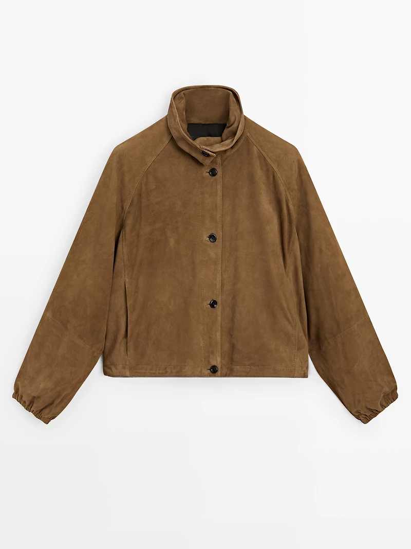 Short suede leather bomber jacket