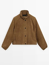Short suede leather bomber jacket
