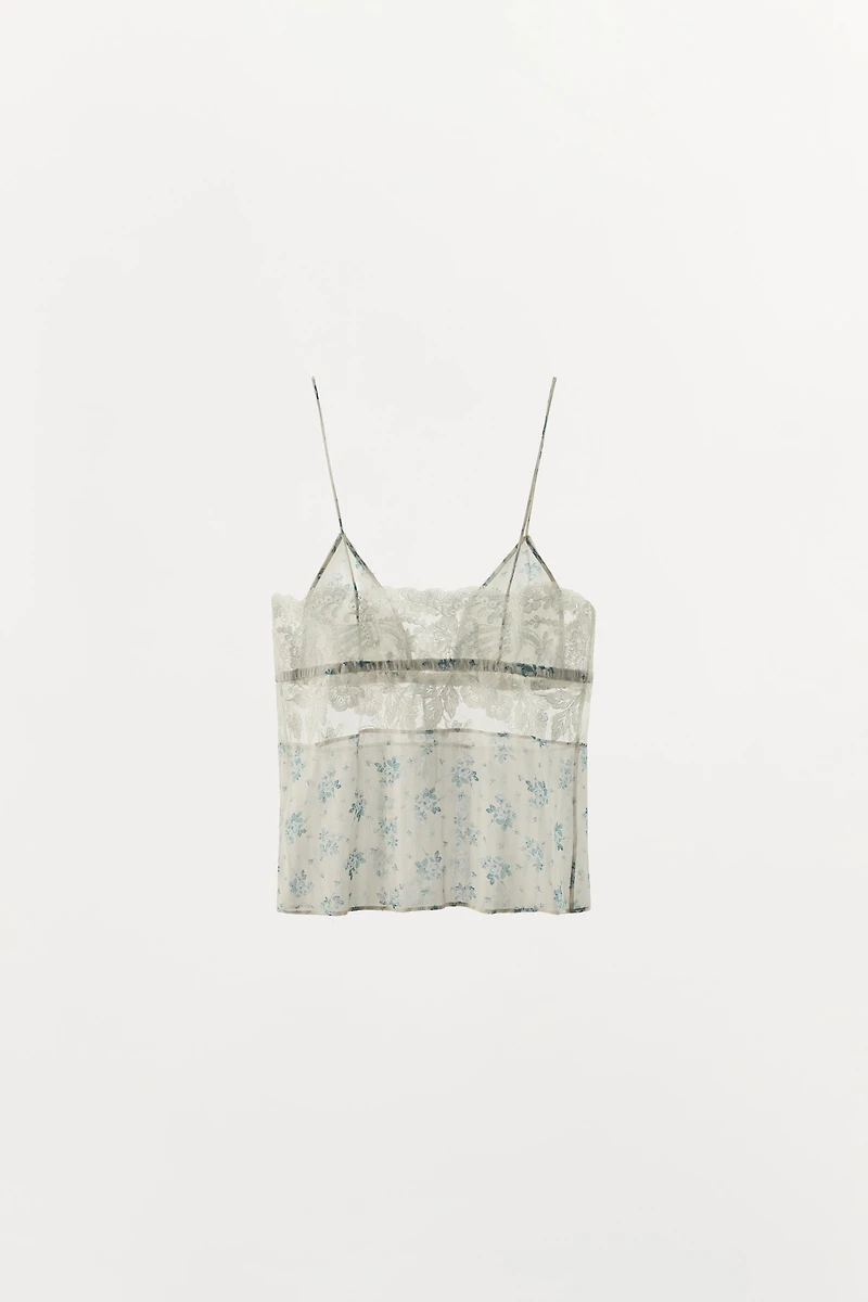 TOP IMPRIMÉ FLEURS ET DENTELLE