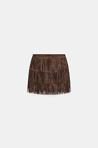 SHIMMERING FAUX SUEDE FRINGE SKIRT