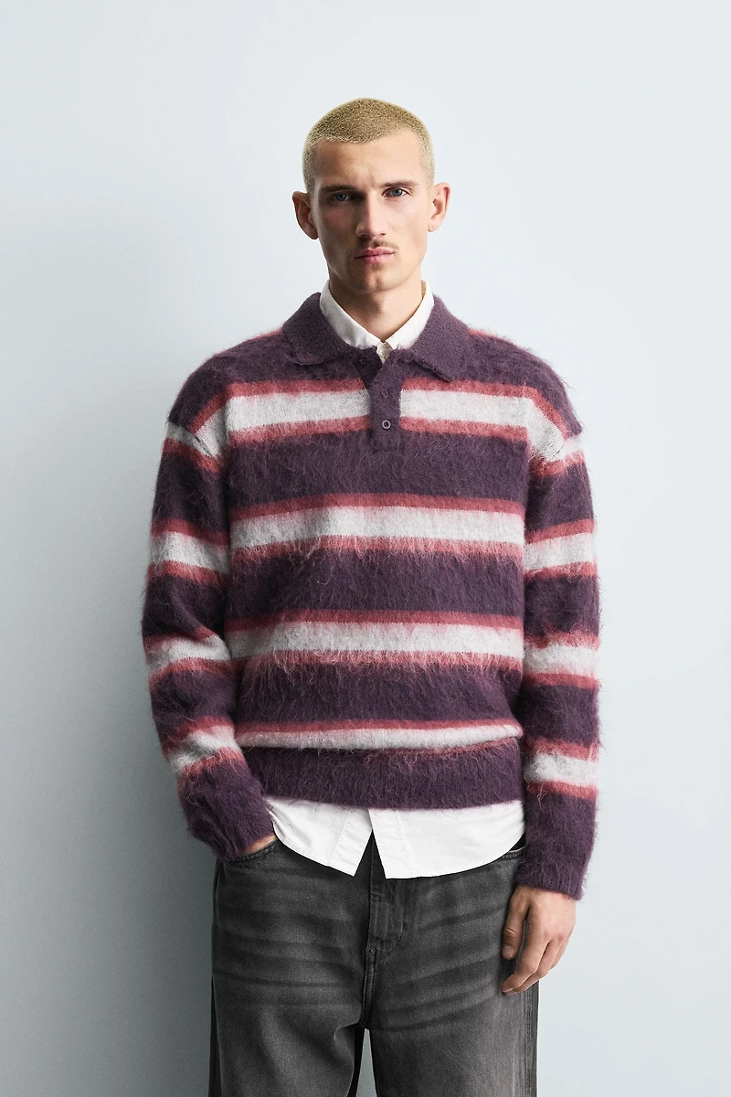 BRUSHED STRIPED KNIT POLO SHIRT