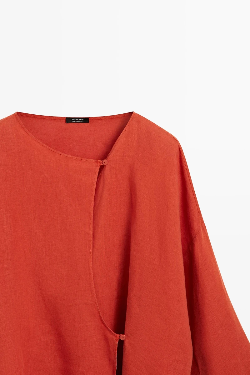 Flowing 100% linen surplice blouse