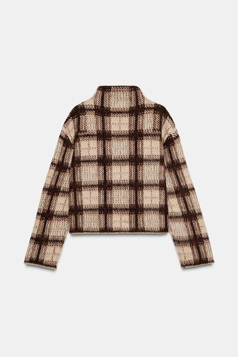 PLAID BRUSHED EFFECT KNIT SWEATER