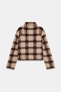 PLAID BRUSHED EFFECT KNIT SWEATER