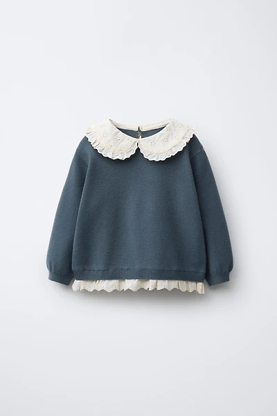EMBROIDERED LACE KNIT SWEATER