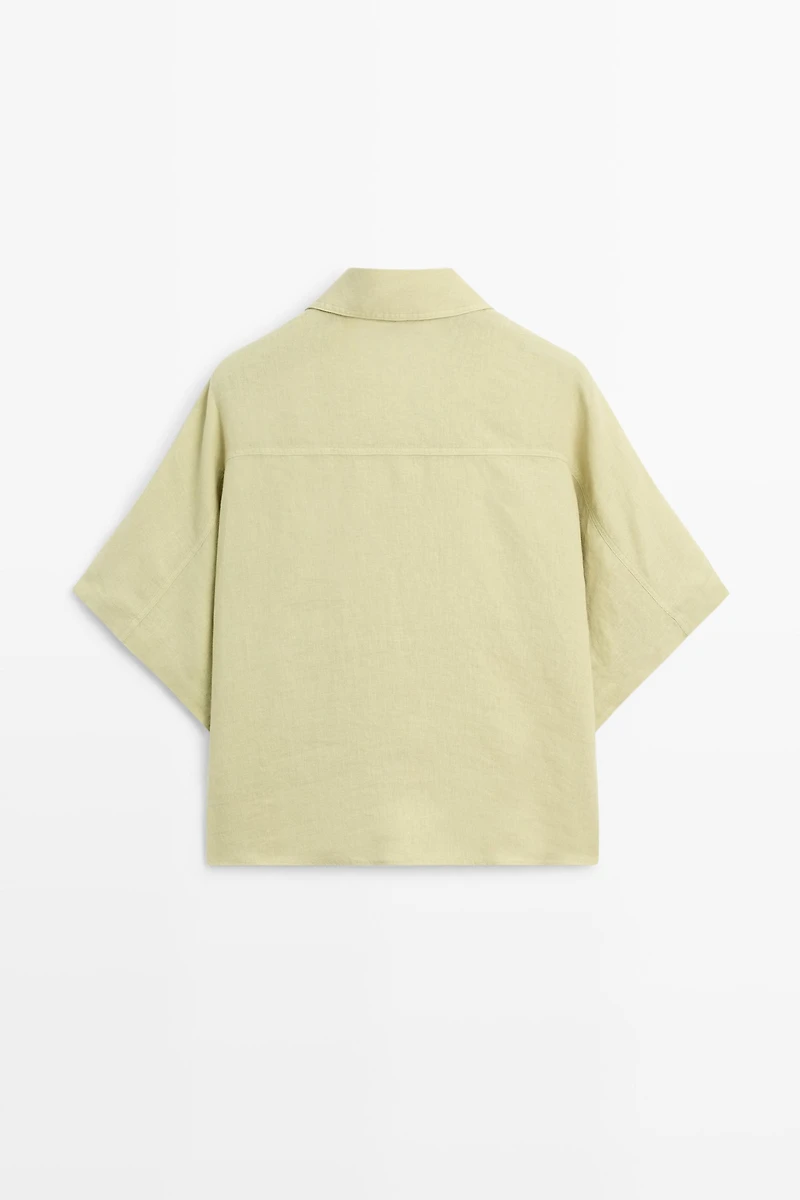Short sleeve linen snap button shirt