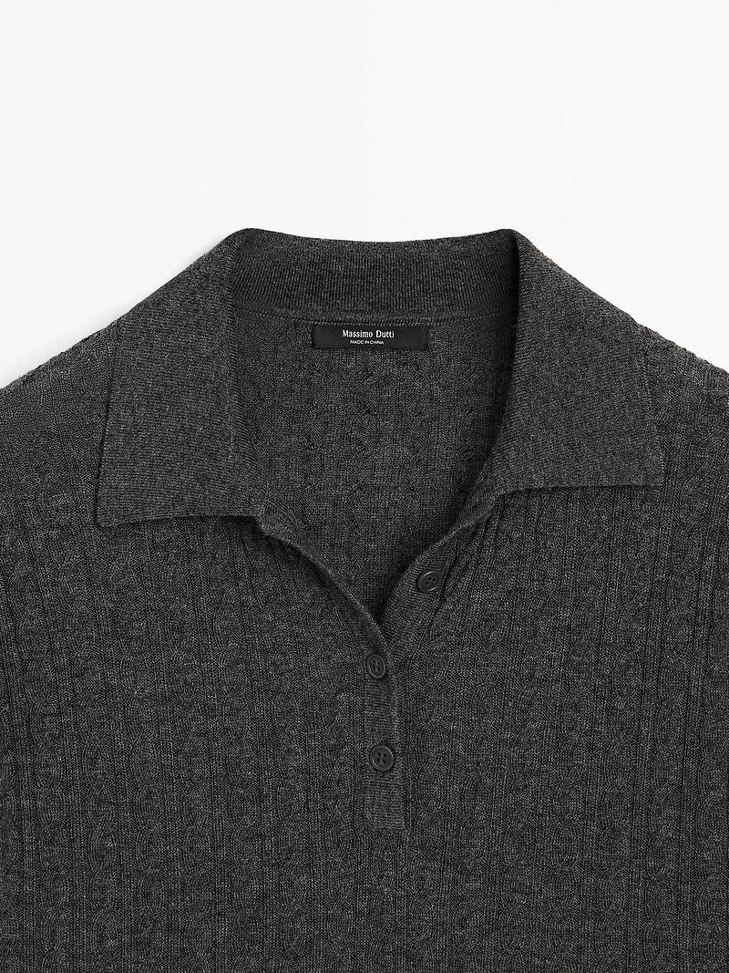 Wool blend cable-knit polo shirt
