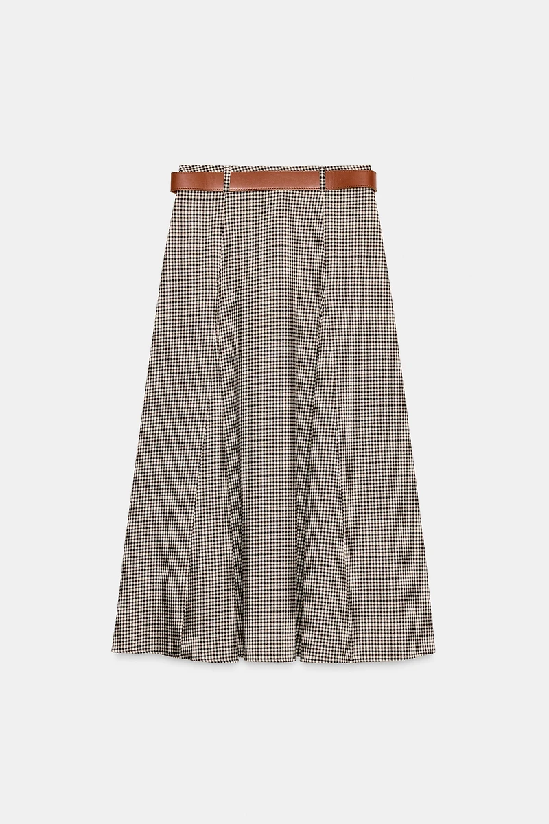 HOUNDSTOOTH BELTED CAPE MIDI SKIRT