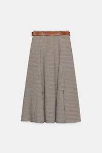 HOUNDSTOOTH BELTED CAPE MIDI SKIRT