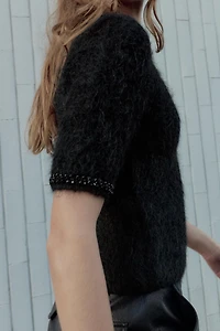 SHORT SLEEVE KNIT BEADED JEWEL SWEATER