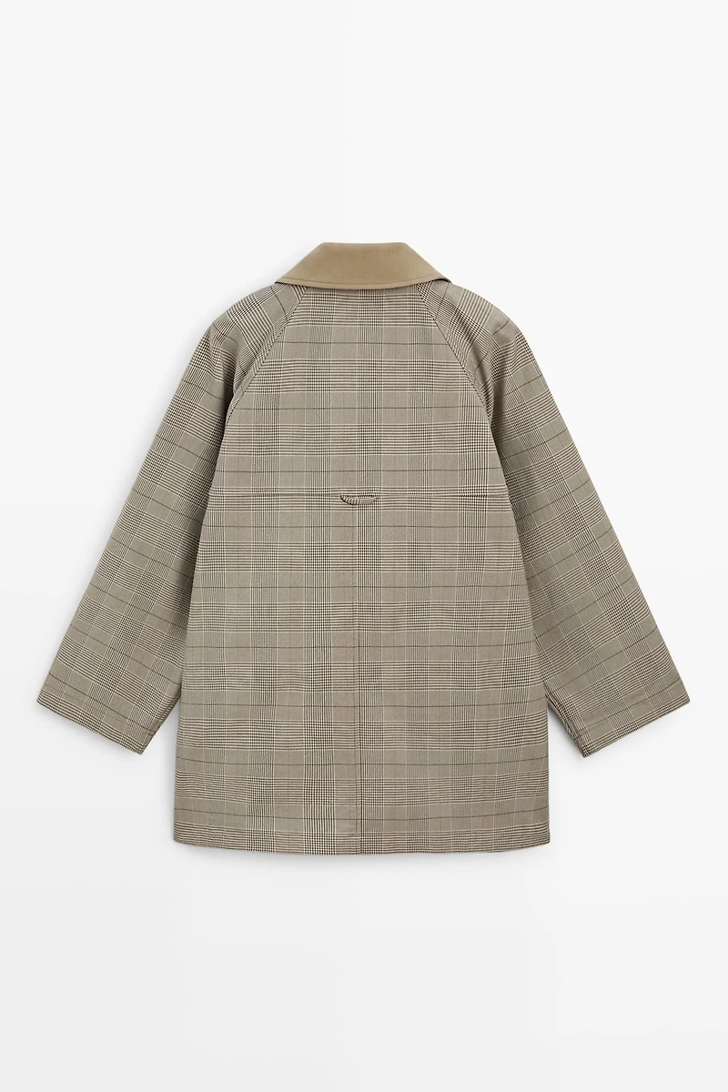 Cotton blend plaid high neck jacket