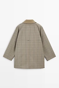 Cotton blend plaid high neck jacket