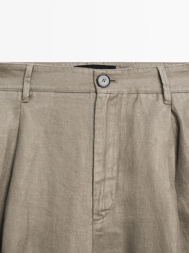 100% linen wide-leg mid-rise trousers
