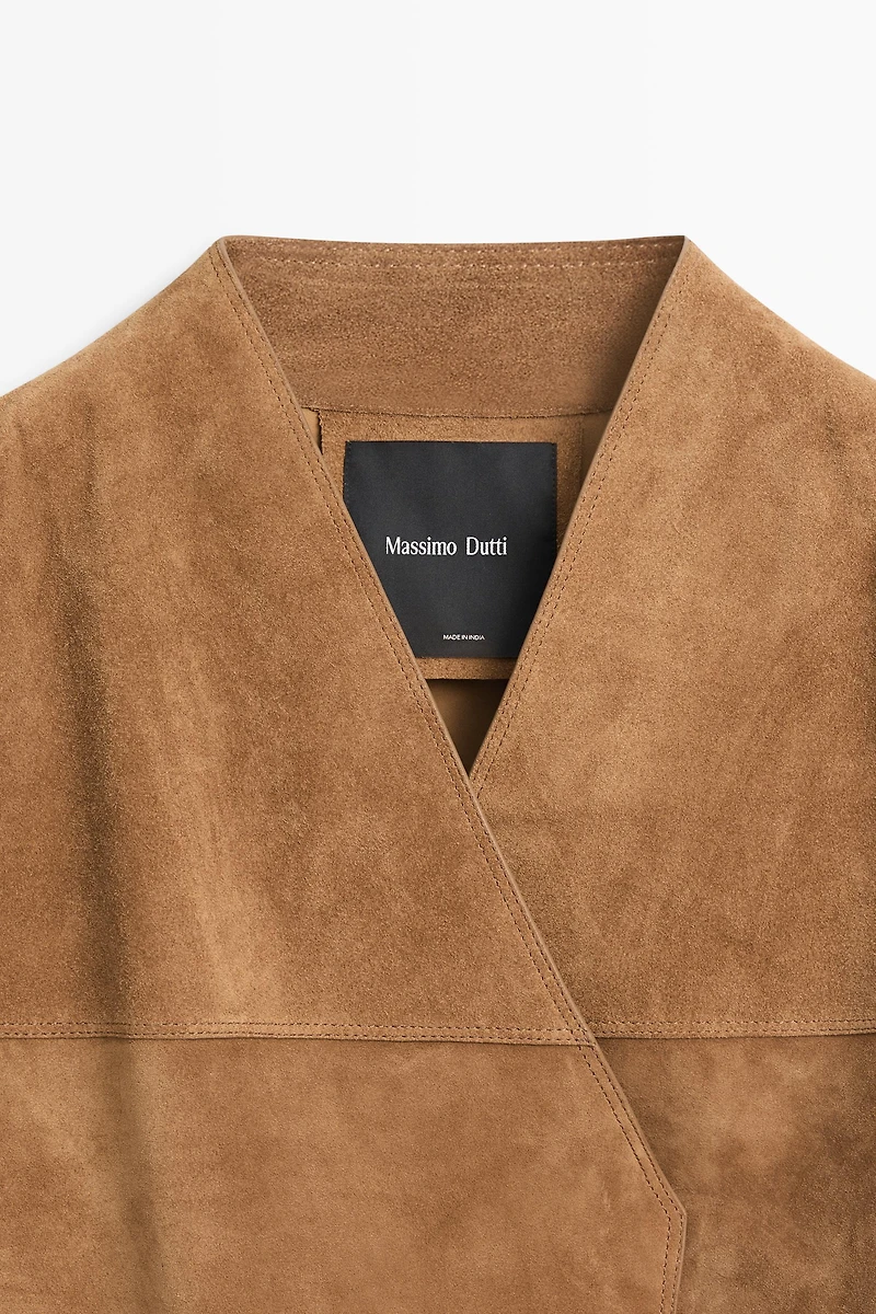 Short double-breasted suede leather jacket