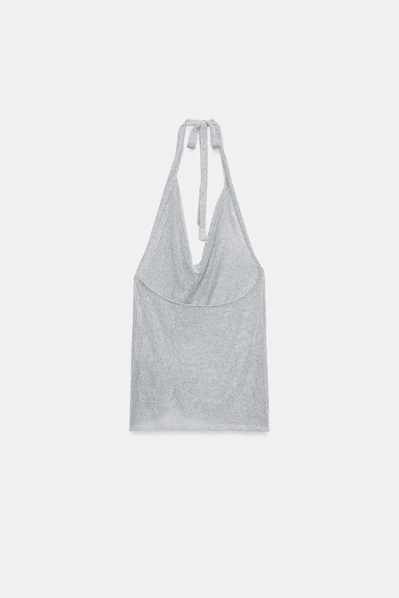 METALLIC THREAD KNIT HALTER TOP