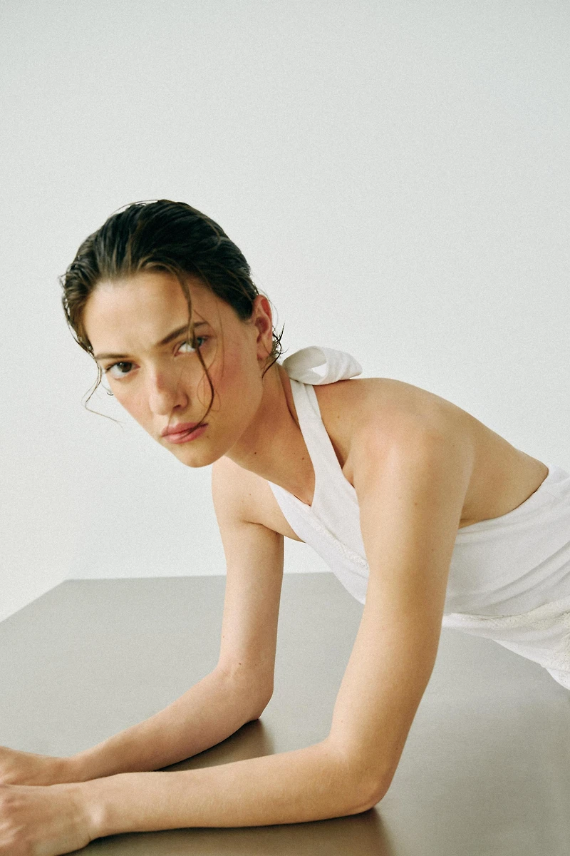 COMBINATION LINEN MIDI DRESS