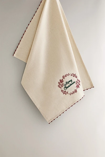 TORCHON COTON BRODÉ NOËL