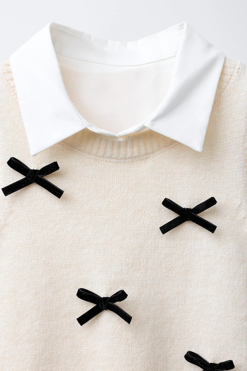 POPLIN SHIRT WITH KNIT VEST AND VELVET BOWS