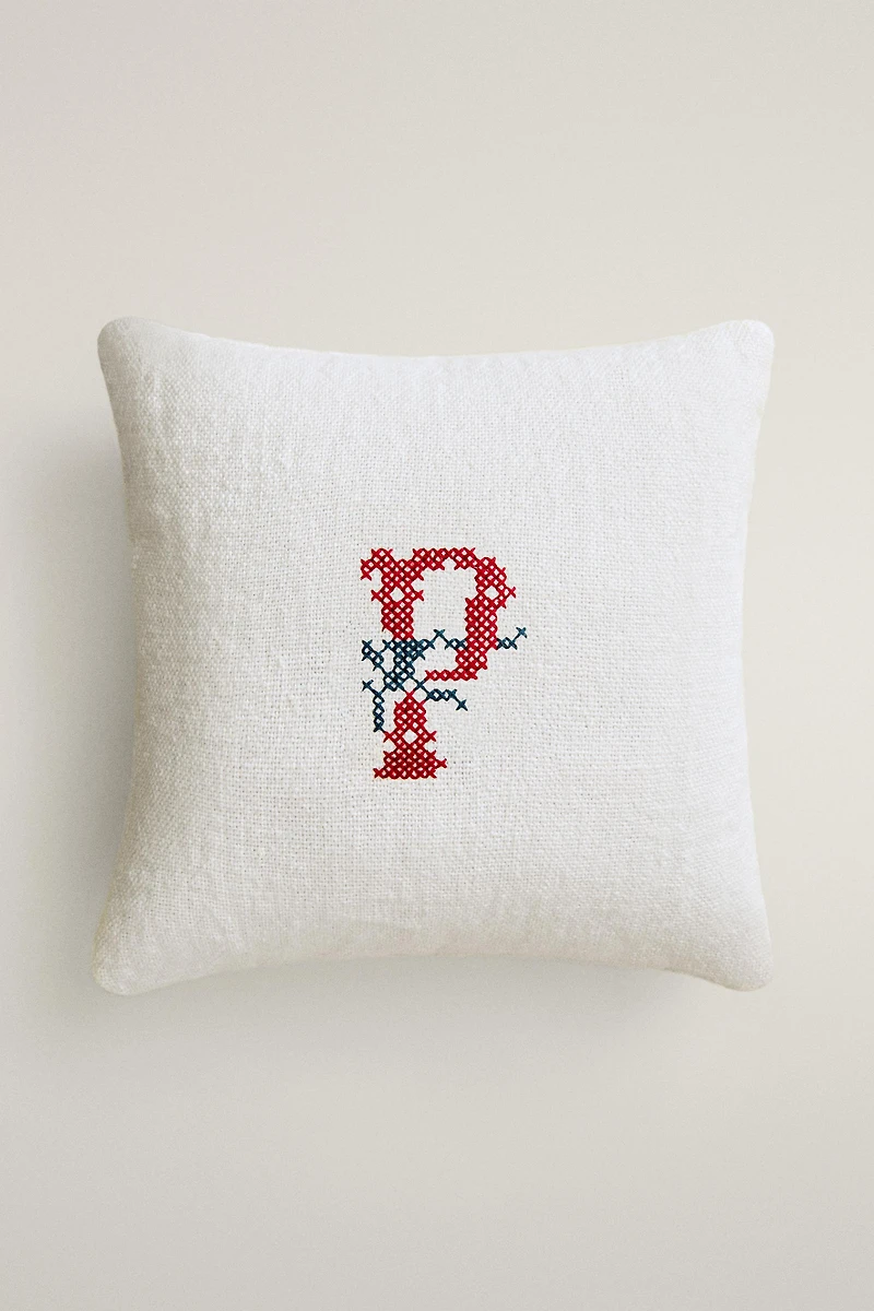 LETTER P EMBROIDERED LINEN CUSHION