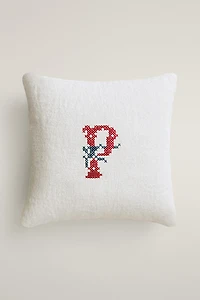 LETTER P EMBROIDERED LINEN CUSHION