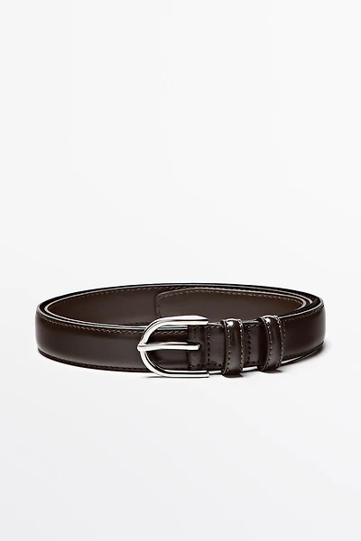 Nappa leather belt with topstitching and oval buckle