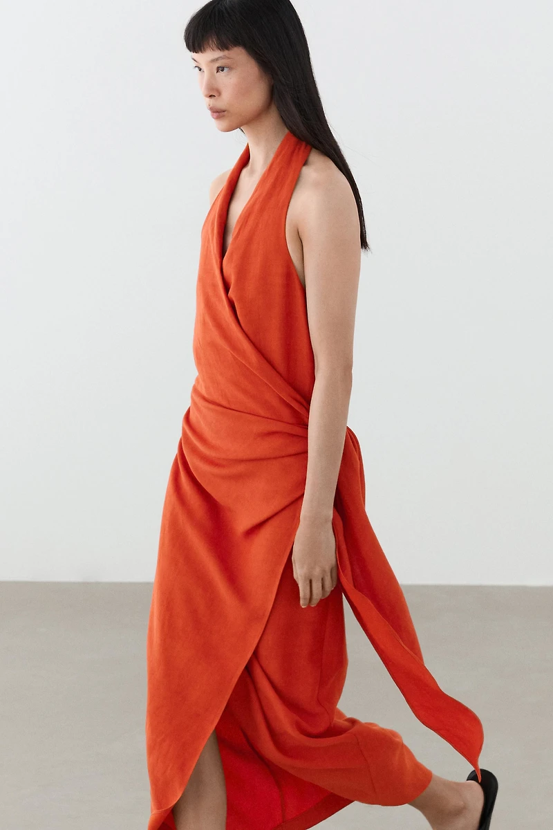 Draped midi dress with bow detail