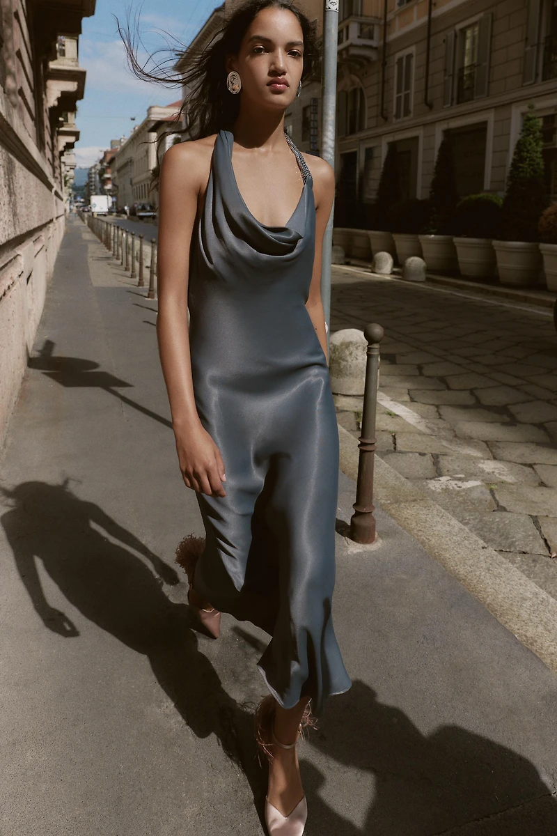 ASYMMETRICAL BEADED SATIN MIDI DRESS