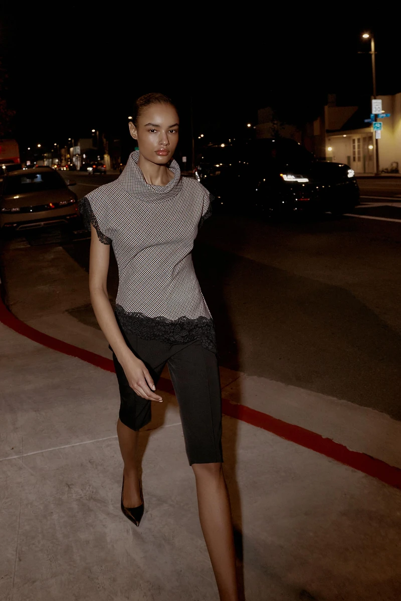 TOP PIED-DE-POULE EN DENTELLE