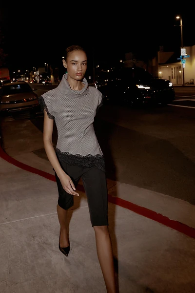 TOP PIED-DE-POULE EN DENTELLE