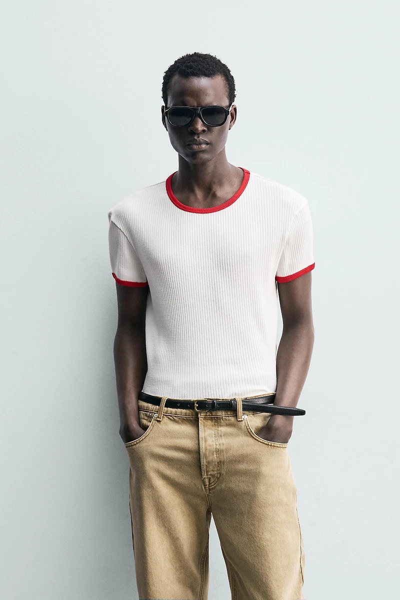 CONTRAST RIBBED PRINT T-SHIRT
