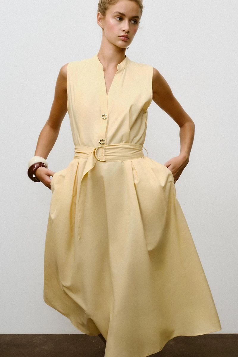 BELTED POPLIN MIDI DRESS