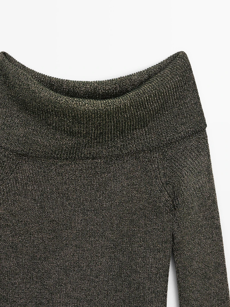 Off-the-shoulder knit sweater with metallic finish