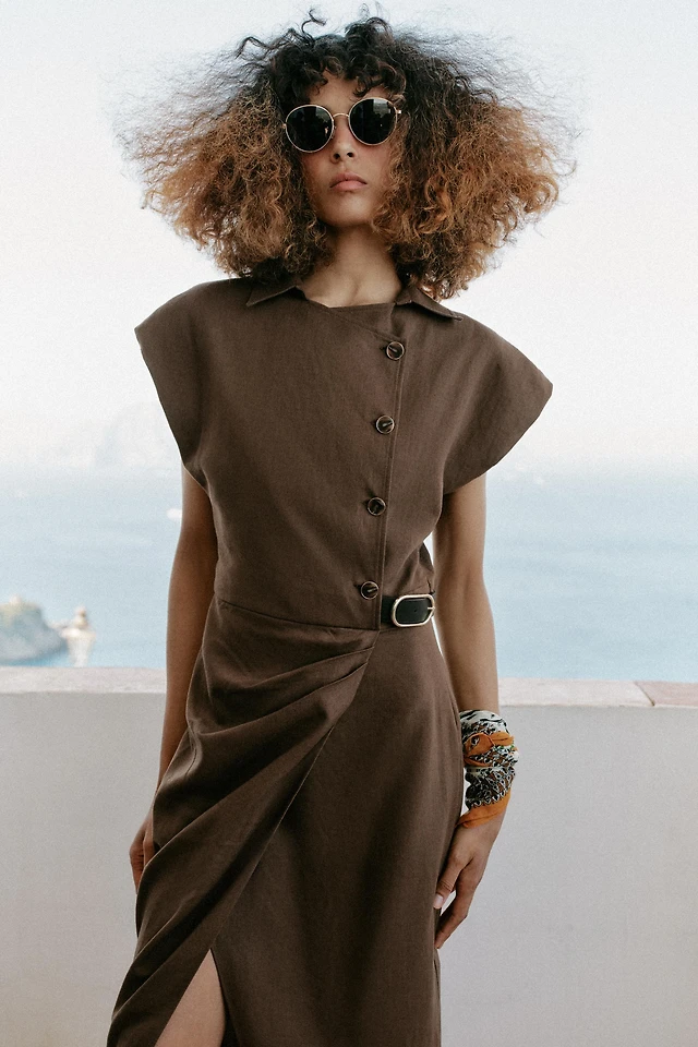 zara asymmetric linen dress BNWT ZARA Asymmetric Printed Linen Blend Dress Green AVAILABLE SIZE (2