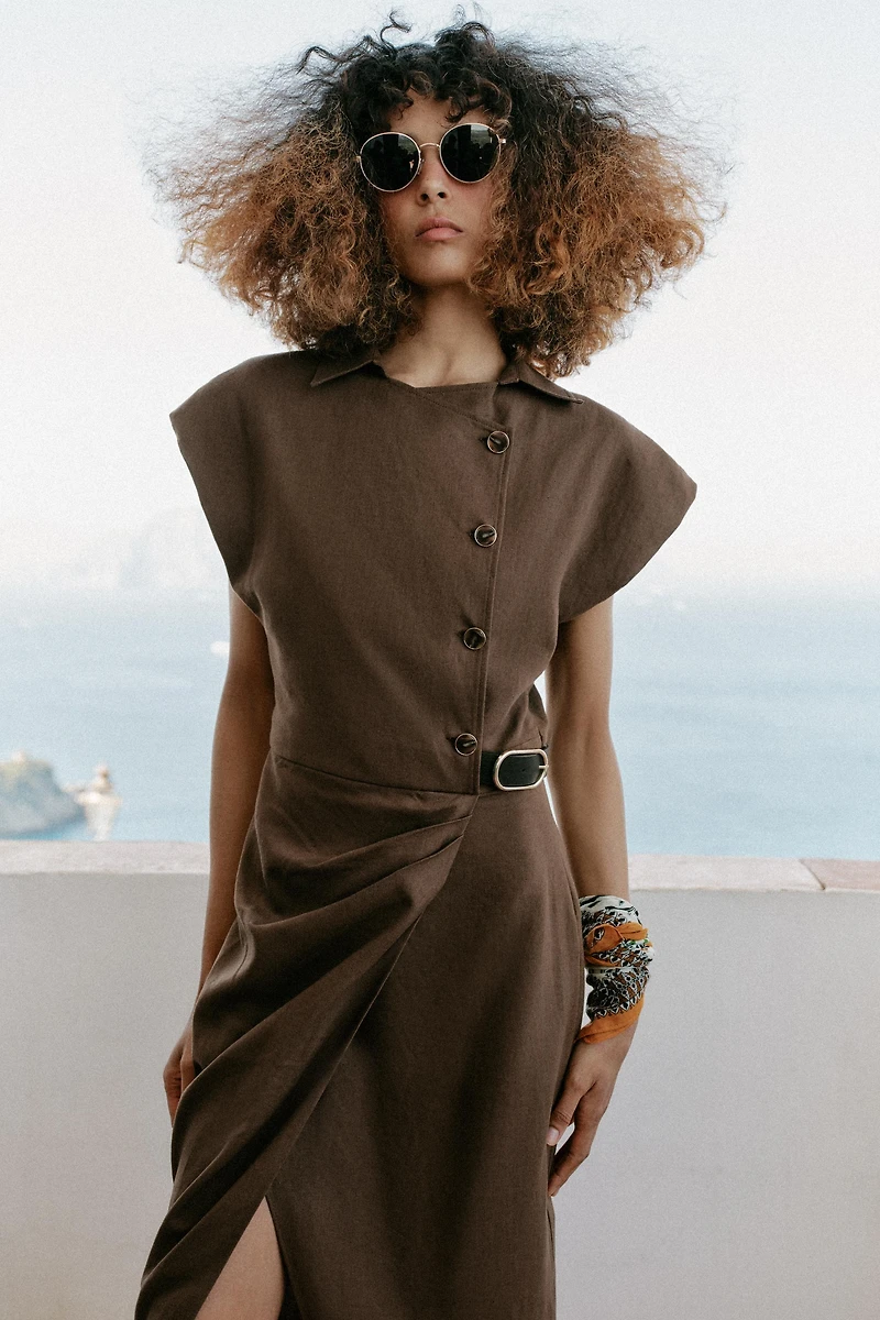 LINEN BLEND MIDI DRESS WITH BELT