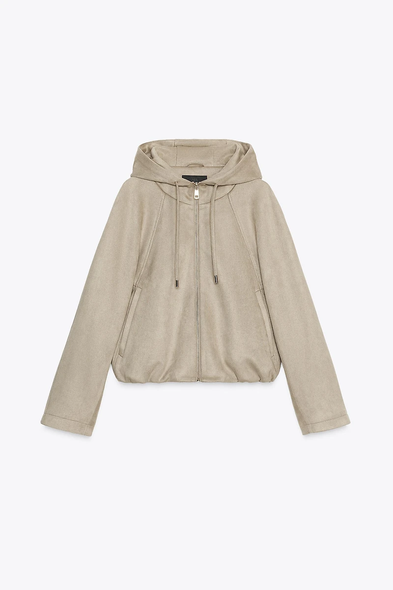 FAUX SUEDE HOODED BOMBER JACKET