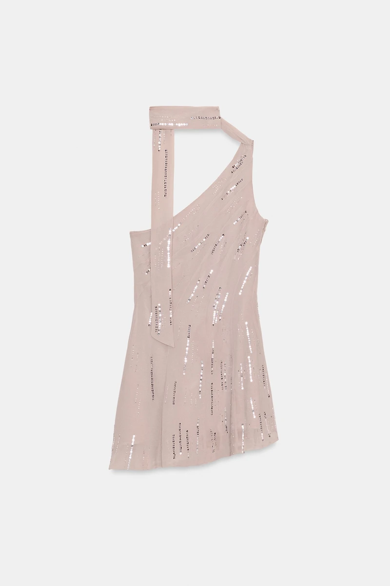 SHORT SEQUIN FOULARD DRESS