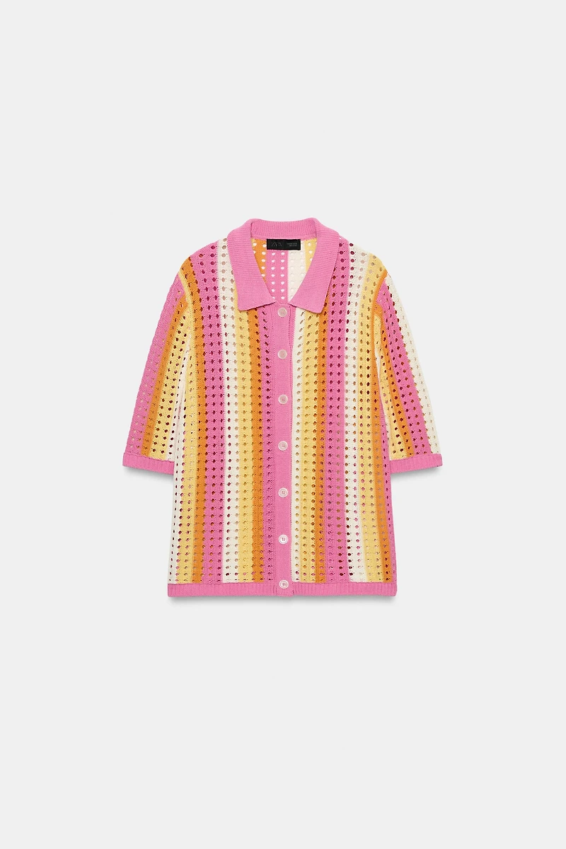 GILET POLO EN MAILLE AJOURÉE À RAYURES