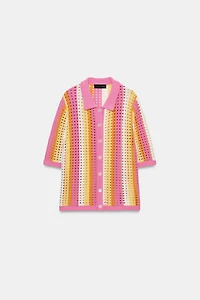 GILET POLO EN MAILLE AJOURÉE À RAYURES