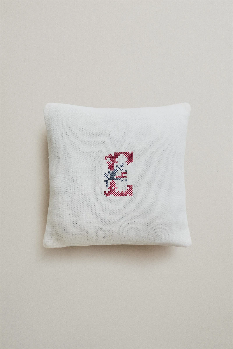 LETTER E EMBROIDERED LINEN CUSHION