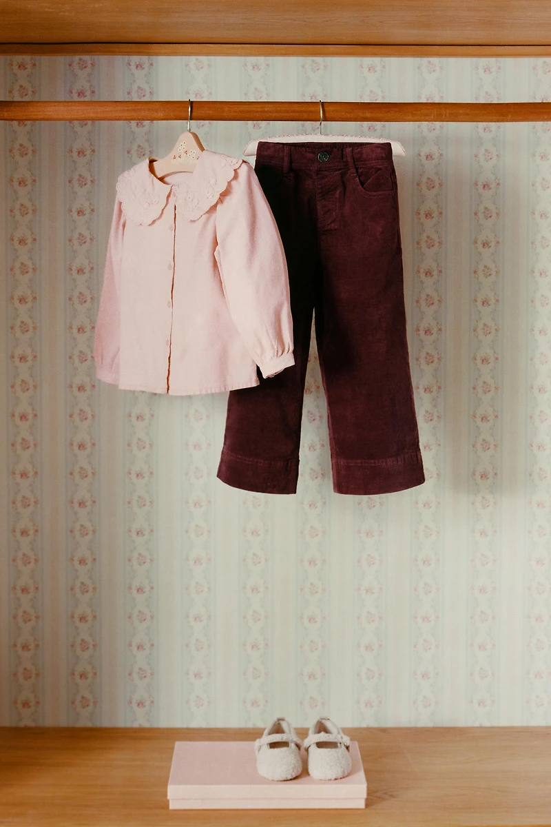 EMBROIDERED PETER PAN COLLAR CORDUROY SHIRT