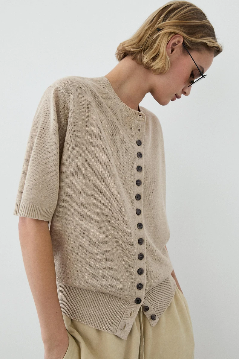Linen blend short sleeve cardigan