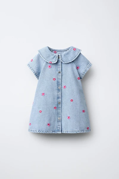EMBROIDERED FLORAL DENIM DRESS