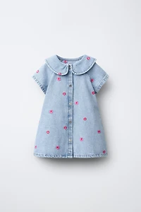 EMBROIDERED FLORAL DENIM DRESS