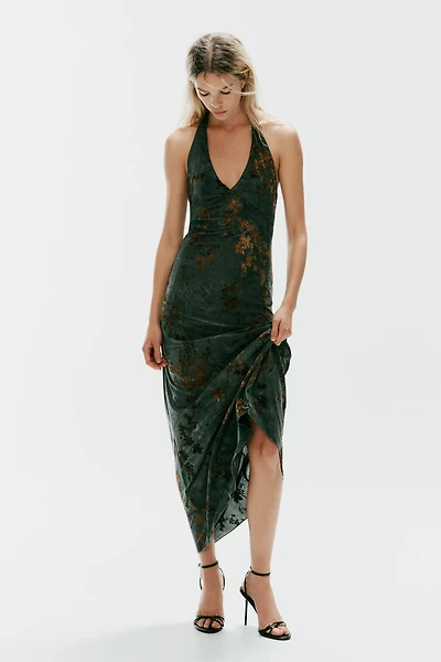 FLOCKED HALTER MAXI DRESS